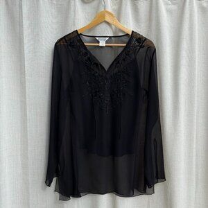 Allison Taylor Black Silk Sheer Embroidered Blouse Size M Romantic Boho